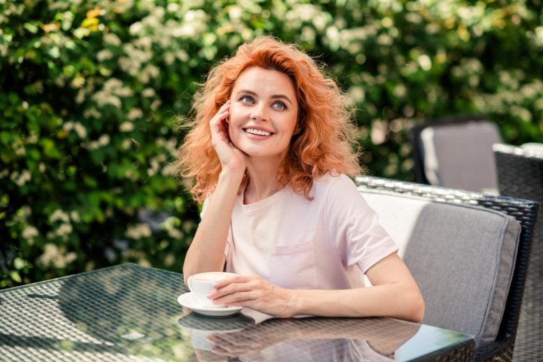 Dreamy Woman Enjoying Coffee Outside Summer Terrace
